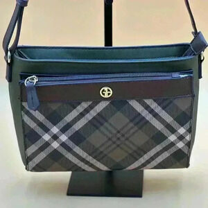 Giani Bernini Shoulder Strap Handbag Olive Brown Tan Plaid Bag 2 flaps included